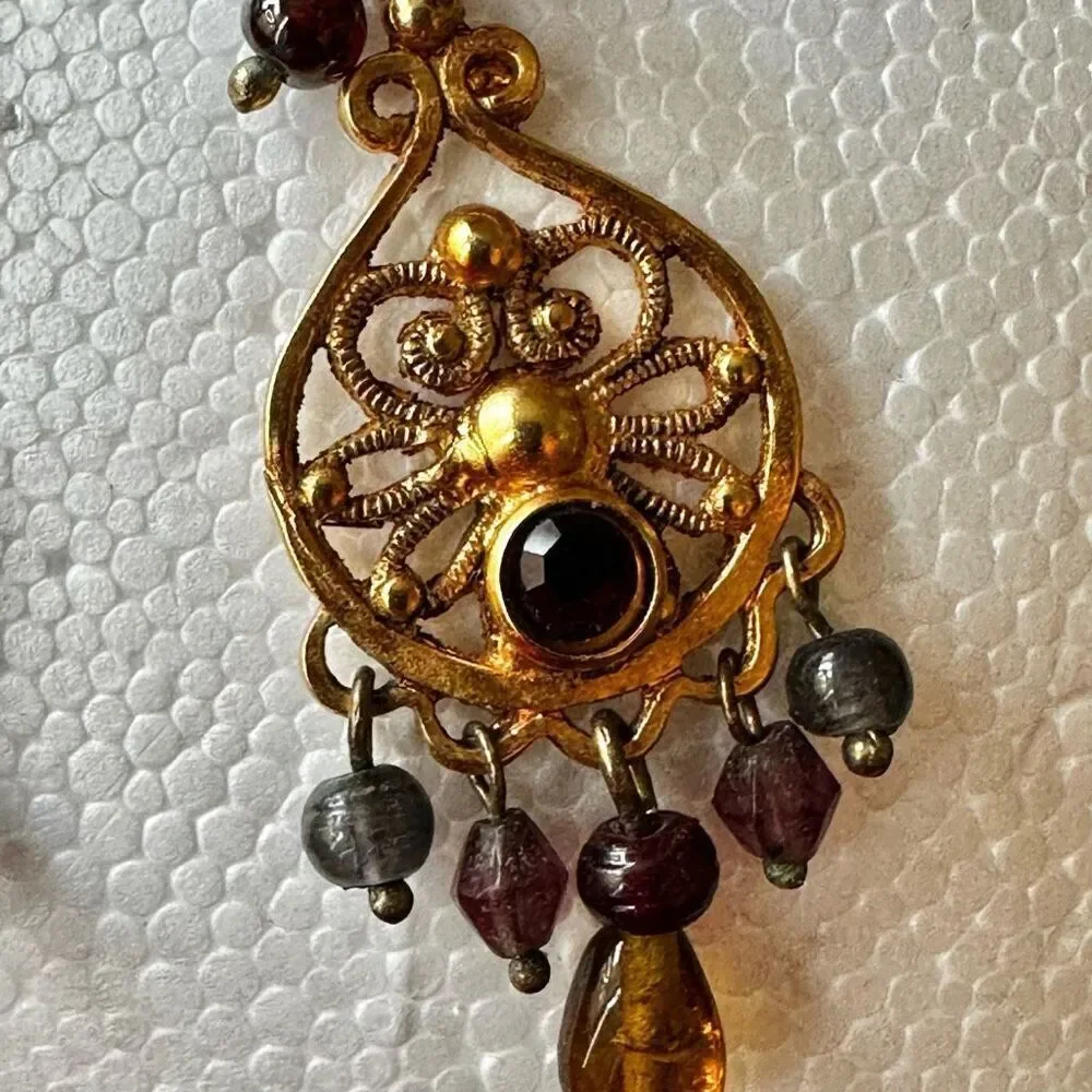 Gold tone beaded red rhinestone drop earrings